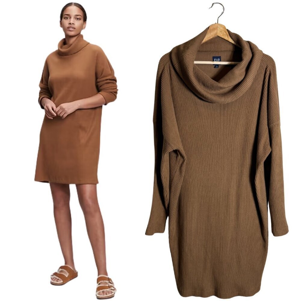 Gap Ribbed Cowl Neck Sweater Mini Dress Women's Large Brazen Brown Cozy Knit